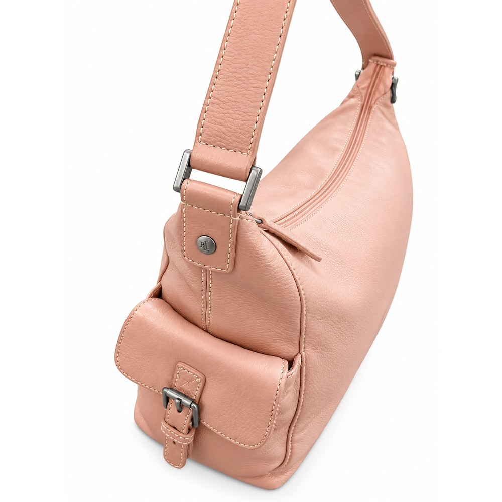 Ralph Lauren Pink Pebble Leather Shoulder Hobo Back Buckled Pockets NEW $135 NWT
